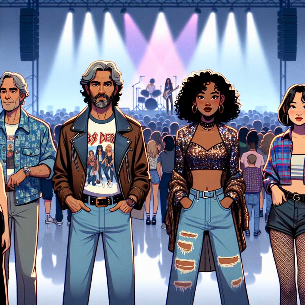 Visualize a fashion-forward scene at a pop music concert. The crowd is filled with a diverse representation of people, each one expressing their individuality. A middle-aged Hispanic gentleman in a retro band tee with a denim jacket slung over his shoulders, a young Black woman decked out in a sequined crop top with high-waisted leather pants, and a South Asian teenager with a casual yet chic flannel shirt paired with ripped jeans. The concert backdrop features a minimalist stage design, mood-lit in soft pastel colors, creating the perfect juxtaposition with the vibrant crowd.