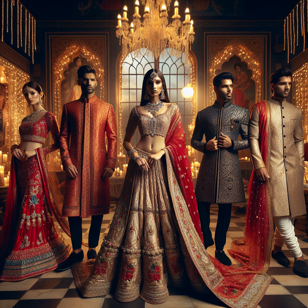 Stunning Outfits for Diwali: Effortless Elegance Unveiled Imagine showing a various range of stunning outfits for the occasion of Diwali. Envision a series of models, each showcasing a different type of traditional attire. The first model, an Hispanic woman, is wearing a saree in vibrant hues of red and gold. The second model, a Black man, is gracefully donned in a Sherwani richly threaded with silver. The third model, a Middle-Eastern woman, shows off a lehenga adorned with elegant embroidery. The fourth model, a Caucasian man, is wearing a dhoti kurta that seems to capture the essence of effortless elegance. The backdrop is a beautifully decorated room filled with Diwali lights and decorations, underlying an air of grandeur. Emphasize the attention to detail in each outfit and the vivid colors that reflect the spirit of Diwali.