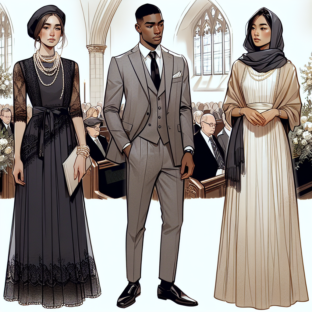 Illustrate a series of stylish and elegant outfits appropriate for church memorials. The scene should include three individuals in a tastefully decorated church setting. The first person, a Caucasian woman, is adorned in a black dress with lace detailing and pearls. The second person, a Black man, is wearing a tailored grey suit with a white shirt and black tie. The third person, a South Asian woman, is in a flowing beige dress with a matching head scarf. Each individual should be depicted with respect for the somber occasion, exuding grace and propriety.