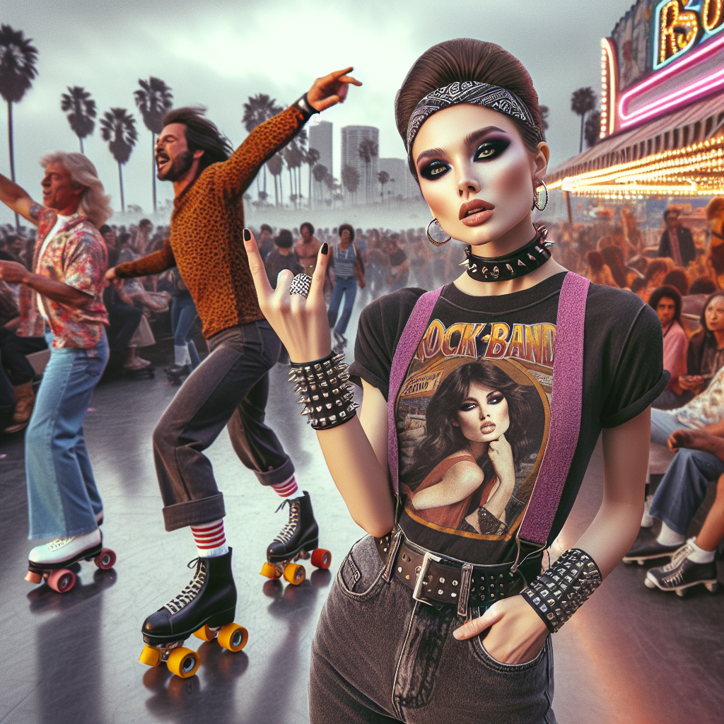Must-Have Looks for a Joan Jett Concert & Rink Fun! Imagine a scene filled with bustling energy and exhilaration at a rock concert. Foreground showcases a woman, with her Caucasian features highlighted by dramatic, smoky eye makeup and a modern punk hairstyle. She's sporting a vintage rock-band t-shirt, ripped black jeans, and chunky leather boots. She looks enthralled by the music. Off in the background, switch the scene to lively outdoor roller skating rink, right on the beach. An East-Asian man is skating gracefully, adorned in a retro outfit featuring high-waist shorts, tube socks, and a patterned shirt, topped off with a bandana around his neck. Recall the aesthetic of 70s beach culture in the background with roller skates, beach balls, and colorful concessions. Do not include any public figures in the image.