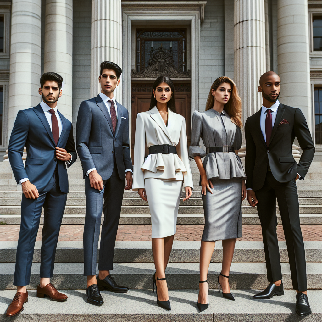 Court Dress Code: Discover Your Perfect, Powerful Look A variety of individuals are standing outside a classic courthouse. Each person is showcasing unique professional attire that aligns with court dress code. There is a South Asian man in a well-tailored navy blue suit, a Hispanic woman in a sophisticated off-white pencil dress, a Middle Eastern woman in a charcoal grey pantsuit, and a black man in a sharp black suit with a maroon tie. They radiate capability and power, ready to engage in serious legal work. Behind them, the courthouse stands, stone steps leading up to the columned entrance, exuding grandeur and authority.