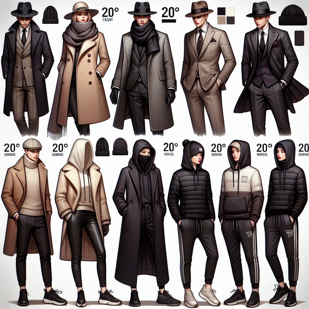 Stunning Outfits for 20° Weather: Dress to Impress! A variety of stylish outfits ideal for 20° weather. The first ensemble is for a mature, Caucasian man, and consists of a luxurious woolen coat, a sophisticated scarf, matching gloves, and a classic fedora. The second combination is for a young, Middle-Eastern woman: it includes a chic, insulated jacket, trendy leggings, and stylish ankle boots, along with an elegant beret. The third attire is for a Hispanic teenager with a modern, hip hop-inspired style featuring a warm hoodie, jogger pants, beanie, and skate shoes. All are designed to charm onlookers and combat cold weather.