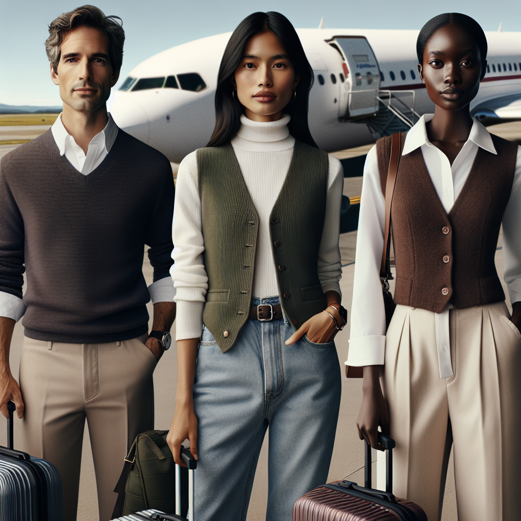 Visualize an airport scene with passengers displaying exemplary airplane attire. Centre the attention on three people. The first is a middle-aged Caucasian man, casual yet elegant, wearing a smart navy blue sweater vest over a white shirt. Next to him, a youthful South Asian woman in a chic olive green sweater vest, paired with a high neck top. To complete the trio, a Black woman in her thirties wears a trendy burgundy sweater vest over a crisp white button-down shirt. All three carry sleek luggage, embodying effortlessness and style.