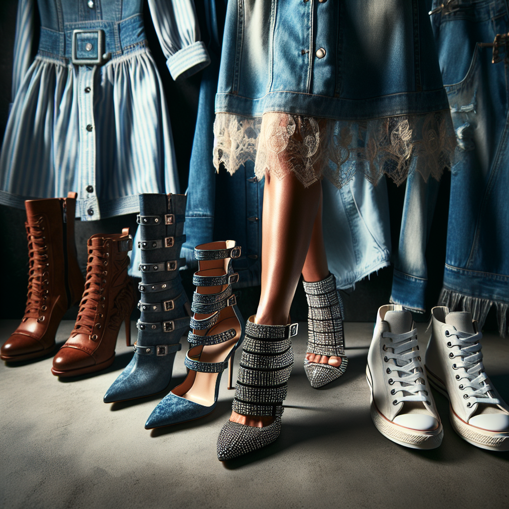 A classy display of various top-notch shoes paired with a stylish denim dress. Front and center, a pair of stiletto heels stand, their sparkling rhinestone details reflecting light. To their right, edgy ankle boots present a rugged yet chic charm. To the left, strappy leather sandals exude a relaxed elegance perfect for summertime outings. Completing the collection in the background, a pair of classic white sneakers offers a sporty option. Each shoe elevates the denim dress it is paired with, exemplified by shades of azure, indigo, and midnight denim adorning the dress, richly textured and cut in an enchanting silhouette.