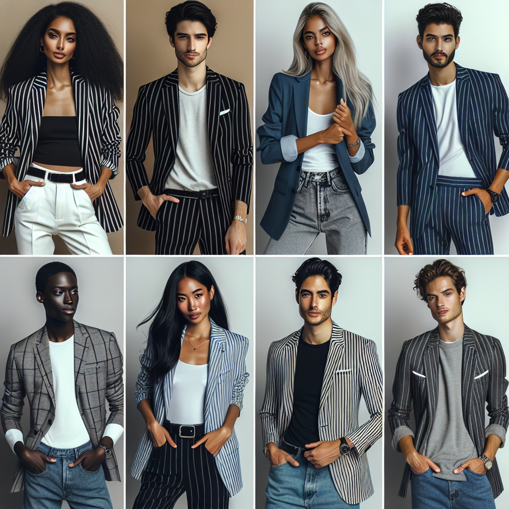 Discover Stunning Outfits with a Pinstripe Blazer An engaging collage of various ethnically diverse men and women confidently sporting pinstripe blazers. Include choices that embody business casual, street style, and formalwear. Depict a South Asian woman pairing a black pinstripe blazer with white trousers, a Hispanic man matching a pinstripe blazer with jeans and a graphic tee for a trendy look, a Black woman in a blue pinstripe blazer with a professional skirt, and a Caucasian male in a grey pinstripe blazer with matching trousers for a business-savvy ensemble.