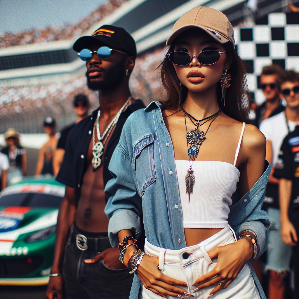 Stunning NASCAR Outfits: Effortless Denim Shirt Combos A dynamic and exciting scene at a NASCAR event. The chief focus should be on the audience members wearing their stunning outfits. One of these fans, an East Asian woman, models an effortless combo of a light denim shirt and white shorts, her accessories including a stylish sun cap and a unique pendant necklace. In contrast, there is an African man showing off his rugged look in a dark denim shirt, black jeans, and sunglasses. Add a glimpse of racing cars in the background to finish off this captivating composition.