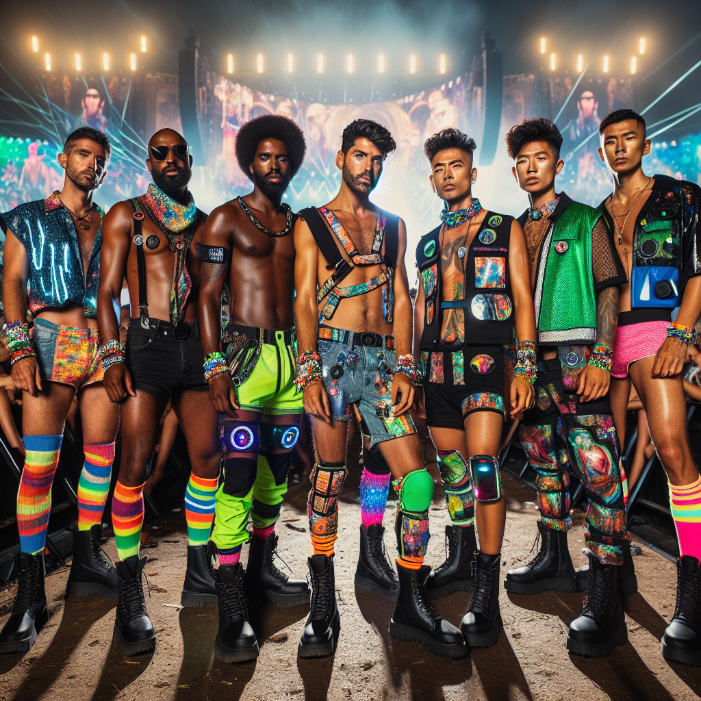 Men's Rave Essentials: Must-Have, Bold Outfits Imagine a vibrant, energetic scene at a music festival. Central to the image is a diverse group of men: a Caucasian man, a Hispanic man, a Black man, a Middle-Eastern man, a South Asian man, and an East Asian man. They're all sharply dressed in bold, colourful rave fashion. The outfits range from holographic shirts and combat boots to neon vests and LED accessories. Their styles encapsulate the spirit of rave culture, hinting at the very essence of individualism. The music festival around them echoes their energy, with bright lights and pulsating electronic music palpable even in the still image.