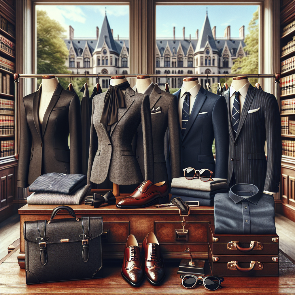 Stunning Outfits for Law School Tours: Best Picks Depict a chic and professional wardrobe collection spread over a luxurious wooden table and a clothing rack. It should include different types of attire: a sharp charcoal grey women's tailored suit, a refined navy blue men's business suit, both of Caucasian descent. Also include a stylish blouse, necktie, and brogues for a Middle-Eastern woman and a classic pinstripe shirt, smart trousers and Oxfords for a Black man. The table should also feature accessories like an elegant leather satchel, sleek pair of sunglasses, professional looking scarves, and gleaming cufflinks. A prestigious law school's picturesque campus scenery visible from a window in the background.