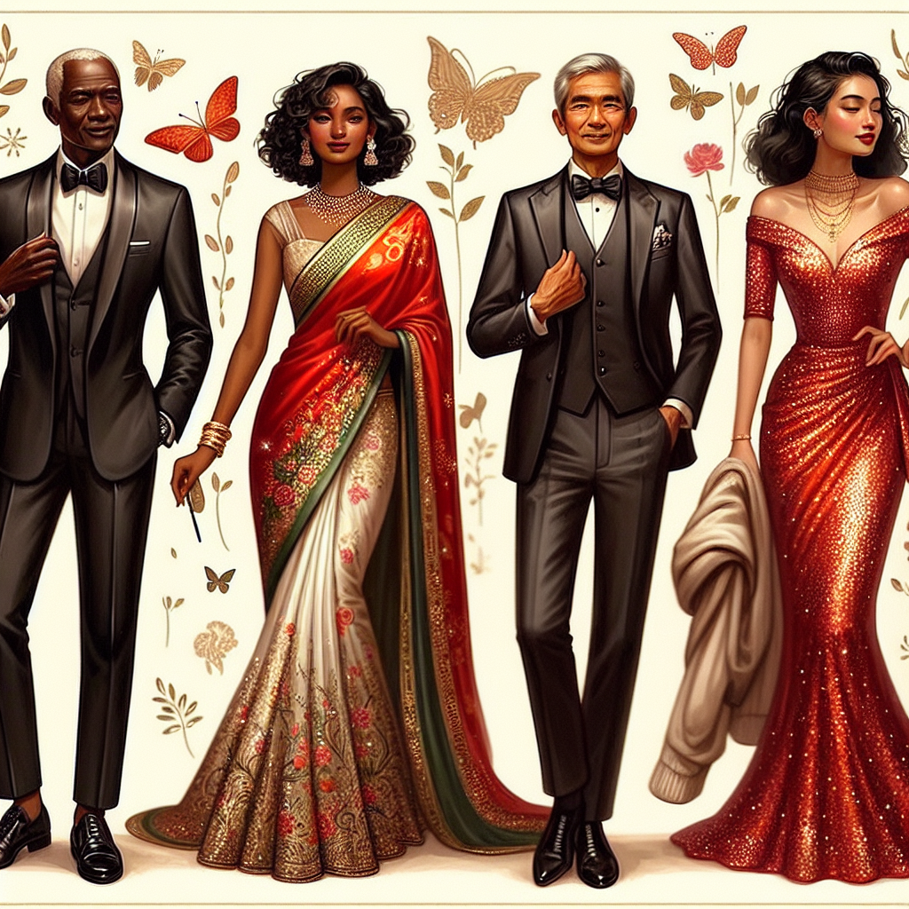 Stunning Outfits for 60th Birthday: Celebrate in Style Imagine a collection of exquisite and sophisticated outfits curated specifically for celebrating one's 60th birthday in style. The tableau might entail a classy black tuxedo for a refined man of African descent, a gorgeous red silk saree for a South Asian woman exuding elegance and tradition, a dapper three-piece suit for an Asian man demonstrating timeless style, and a fabulous sequined dress that enhances the grace of a Middle Eastern woman. Each outfit complements their respective cultural backgrounds and highlights the unique beauty of entering the age of 60 with confidence and panache.