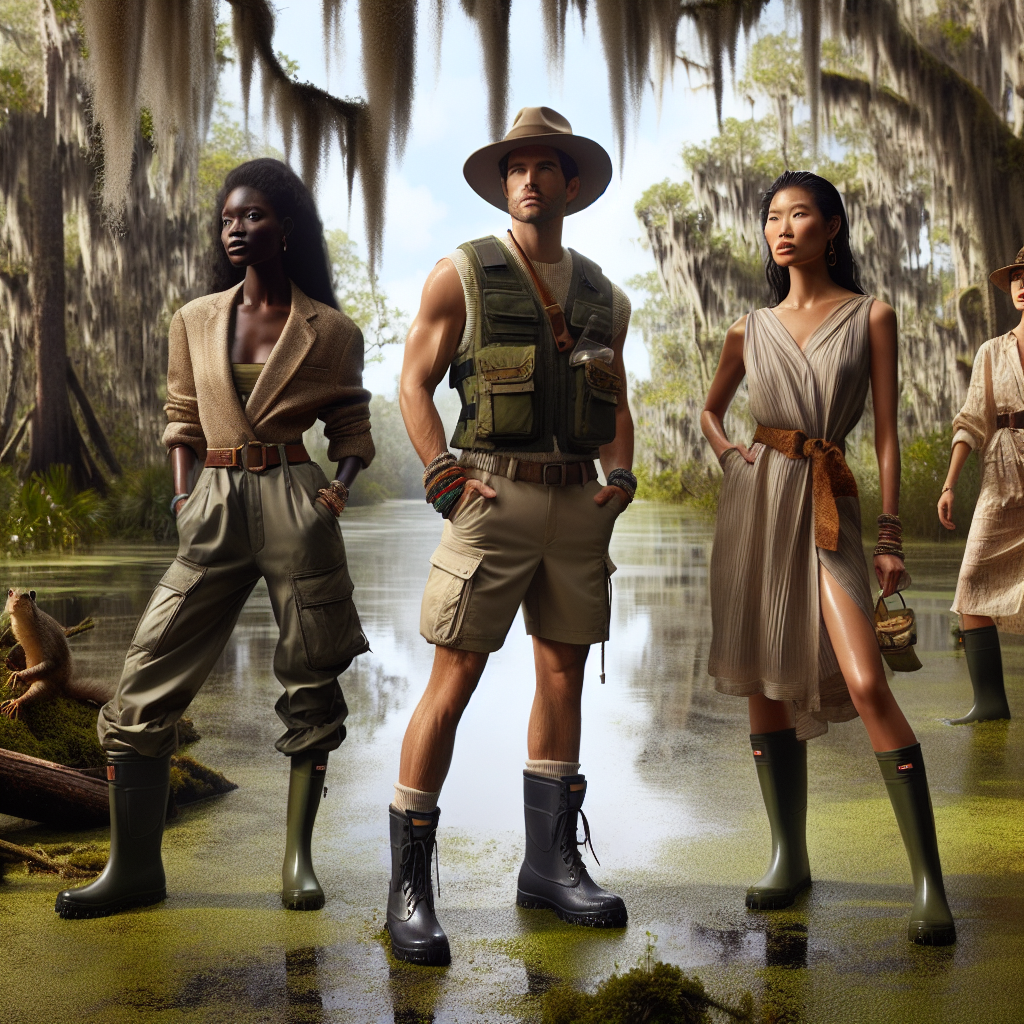 Imagine an outdoor scene in a swampy environment, replete with moss-laden trees, murky waters and vibrant wildlife. In the scene, there are three individuals of different descents: An African lady, a Hispanic man, and a South Asian woman. They are all dressed in chic yet practical outfits perfectly suited for swamp tours. The African lady is wearing water-resistant cargo pants and a breathable, quick-dry top hat. The Hispanic man is styled in a sleeveless vest and rugged shorts with waterproof boots. The South Asian woman dons a lightweight, earth-toned dress paired with tall rubber boots. Their fashion sense while tackling the adventurous swamp environment exudes effortless style.