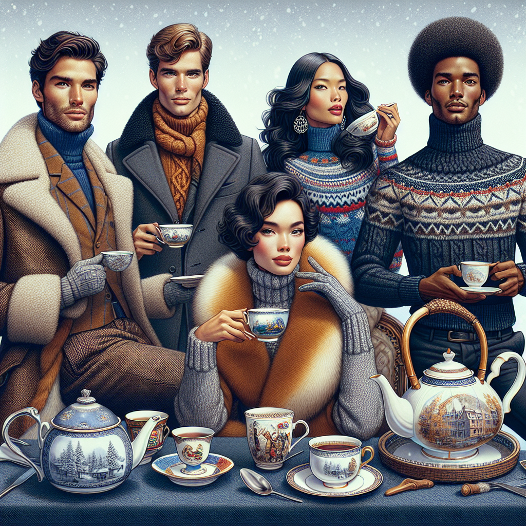 Winter Tea Party Outfits: Discover Your Must-Have Look Imagine a winter scene illustrating a tea party in perfect harmony with the chilly season. Four individuals are present at the gathering, each putting their own unique stamp on winter fashion. The first person, a Hispanic woman, is wearing a luxurious fur-lined coat, her fingers wrapped warmly around a china teacup. The second person, a Caucasian man, sports a tailored wool suit complete with a scarf, holding an engraved silver teapot. A Black woman, the third participant, stands out in her thermal turtleneck dress, sipping from a beautiful glass tea mug. Meanwhile, the fourth person, a South Asian man, looks stylishly comfortable in his cable-knit sweater and jeans, clutching an ornate clay teacup. As the epitome of winter tea party attire, this vivid tableau highlights must-have looks for the season.