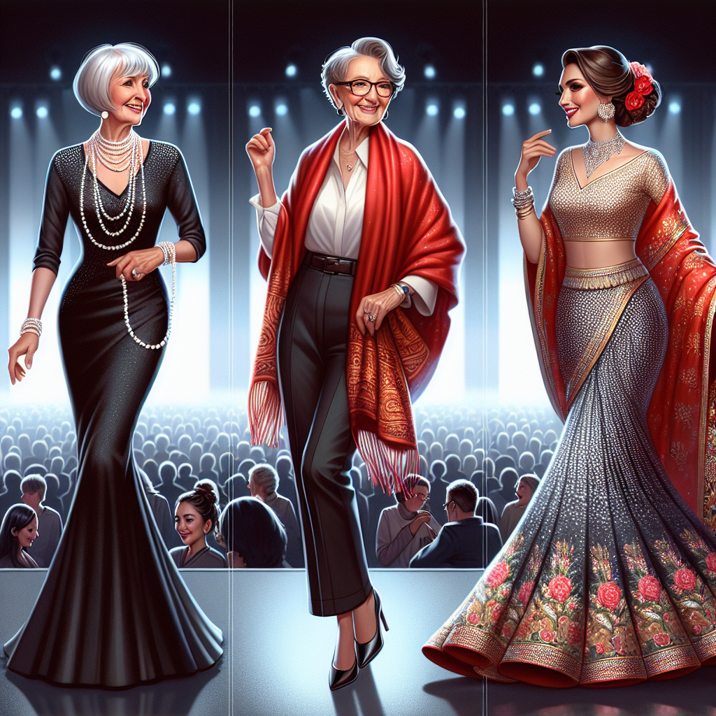 Stunning Concert Outfits for Women in Their 60s An elegant and sophisticated scene illustrating three different women in their 60s, each wearing stunning concert outfits. The first woman, of Caucasian descent, adorns a classy black gown paired with a pearl necklace. The second woman, of Hispanic descent, is in a vibrant red shawl draped over a tasteful white blouse and black skirt. The final woman, of South Asian descent, pulls off an exquisite Indian saree that is teaming with dazzling sequin work. Space stretches out behind them, filled with the soft glow of concert lights.
