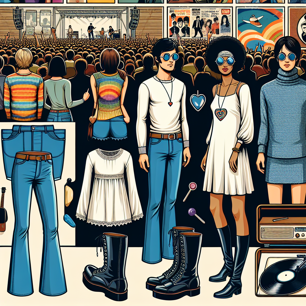Generate an image highlighting retro-style concert attire suitable for a popular 60s band's event. Depict suitable pieces of clothing, such as a pair of blue flared jeans, a white tunic, Lennon-style round sunglasses, a heart-shaped pendant, and black knee-high boots. Illustrate a mix of enthusiastic concert-goers of Black, South Asian, and Hispanic descent, both men and women, wearing these clothes while enjoying the vibrant music atmosphere. Also, envision a backdrop of colorful vintage concert posters and perhaps a vinyl record player in a corner taking us back to the 60s era.