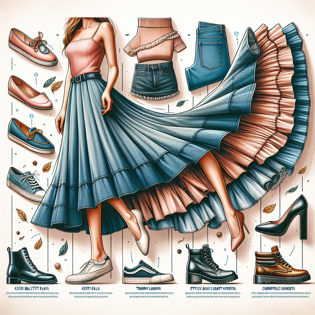 An image showing a diverse selection of fashionable shoes ideal for complementing long jean skirts. The footwear ranges from chic ballet flats, trendy loafers, and stylish ankle boots to comfortable sneakers. The shoes are showcased separately with an adjacent folded long jean skirt, emphasizing their perfect pairing. In each shoe display, there is a small paragraph highlighting the shoe's unique features and fashion compatibility with the jean skirt. The setting is a blend of modern and vintage styles, denoting the flexibility and versatility of the fashion tips.