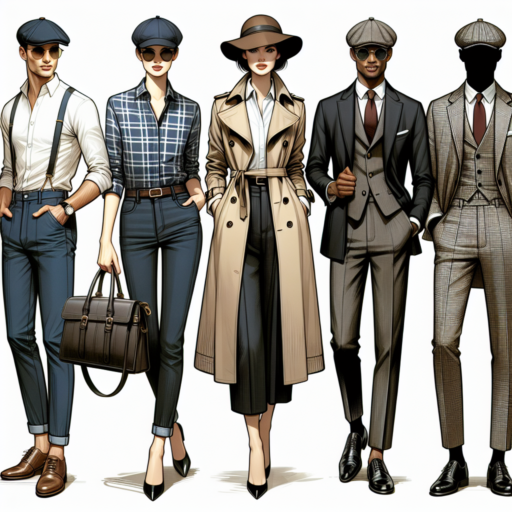Must-Have Outfits for Flat Caps: Timeless Style Guide Visualize a fashion ensemble focusing on timeless style looks that pair well with a flat cap. The first outfit consists of a white and blue plaid shirt, well-fitted dark blue jeans, and a brown leather satchel for a hip, casual look, on a Caucasian man. The second look shows an Asian woman wearing a beige trench coat, black high-waisted trousers, a grey flat cap, and a black leather handbag for a chic, classic city outfit. The third, an African man wearing a slim-fit suit in charcoal grey, a crisp white shirt, a burgundy tie, and a grey flat cap for a classic formal look. Each person represented in different poses showing off their outfits.