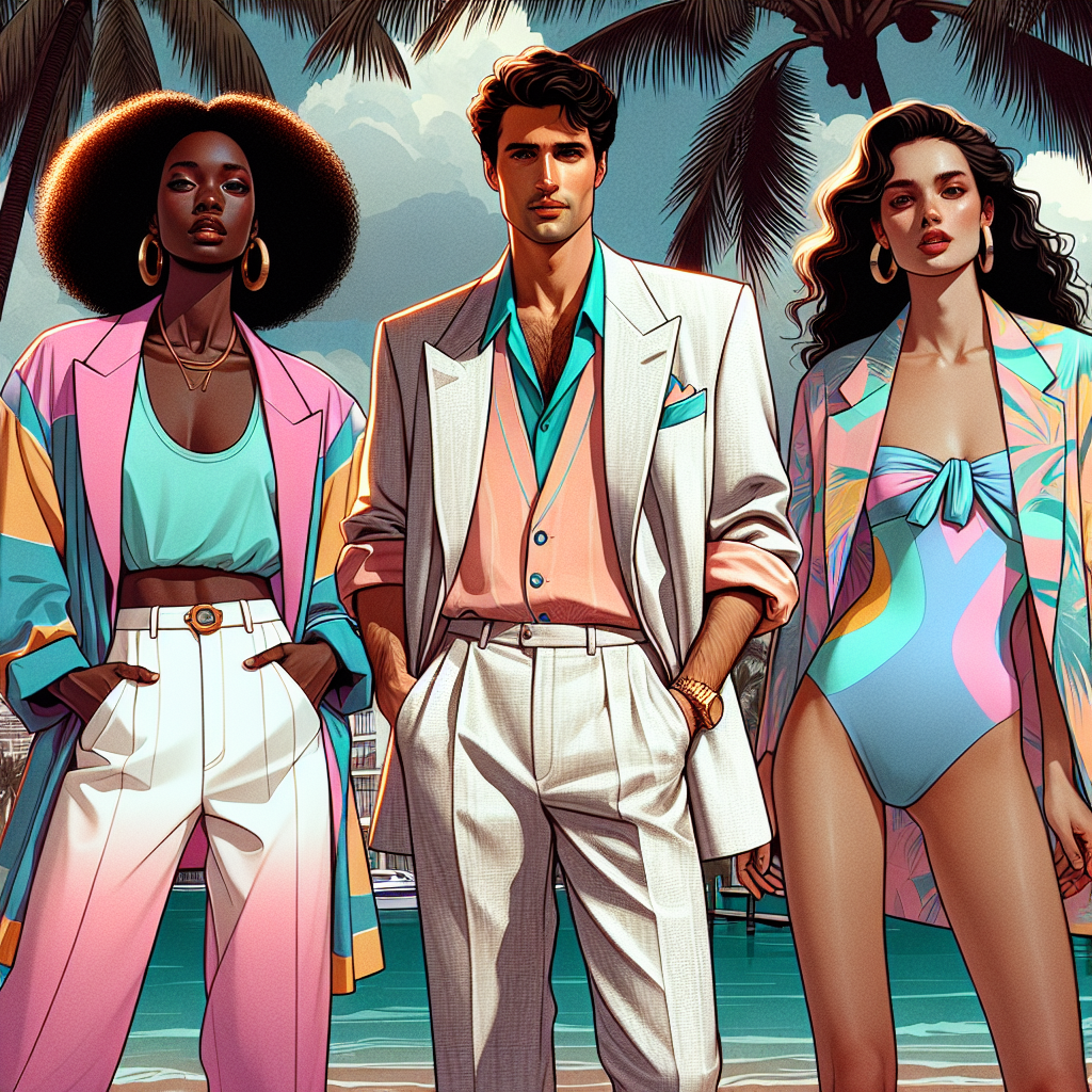 Must-Have Outfits for a Miami Vice Party! Visualize must-have outfits for a Miami Vice-inspired party. Picture a tropical, 80s-themed outdoor scene with palm trees in the background. Include three individuals: a Black woman wearing a vibrant, oversized blazer with rolled-up sleeves, pastel-colored tank top, and white pants; a Middle-Eastern man in a pastel-colored, linen two-piece suit, walking with confidence; and a Caucasian woman in a stylish 80s bathing suit under a lightweight, brightly colored cover-up. All of them are enjoying the cool Miami night, reflecting the stylish and vibrant Miami Vice aesthetic.