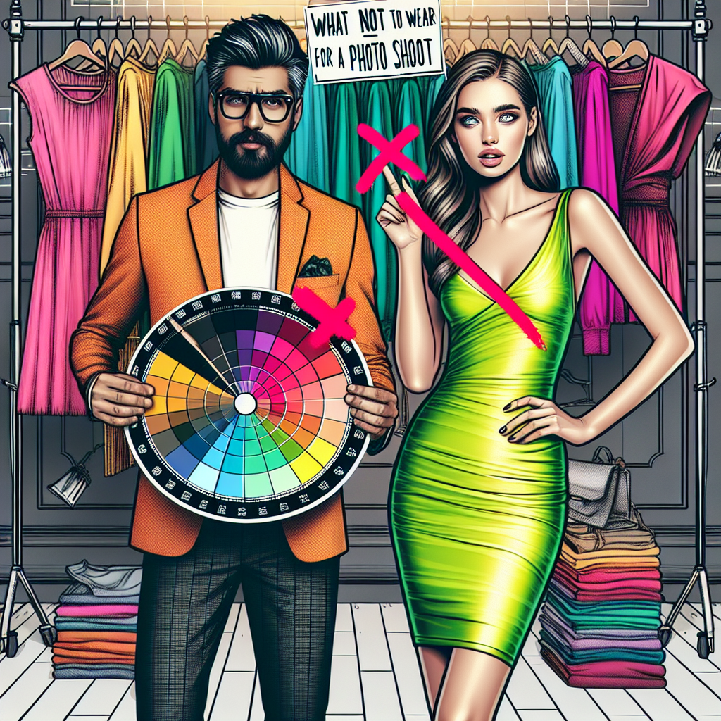 Visualize a trendy fashion guide cover featuring a South Asian male stylist with a color wheel in hand, highlighting the colors that are ideal for photo shoots, contrasted by a Caucasian female model wearing a glaring neon dress that is identified as a faux pas. The stylist is in a chic outfit, glasses perched on his head, pointing at the color wheel, while the model looks surprised. The backdrop includes racks of diverse clothing options, with a large red cross over the neon dress. Text overlay above them reads 'What Not to Wear for a Photo Shoot: Essential Tips'.