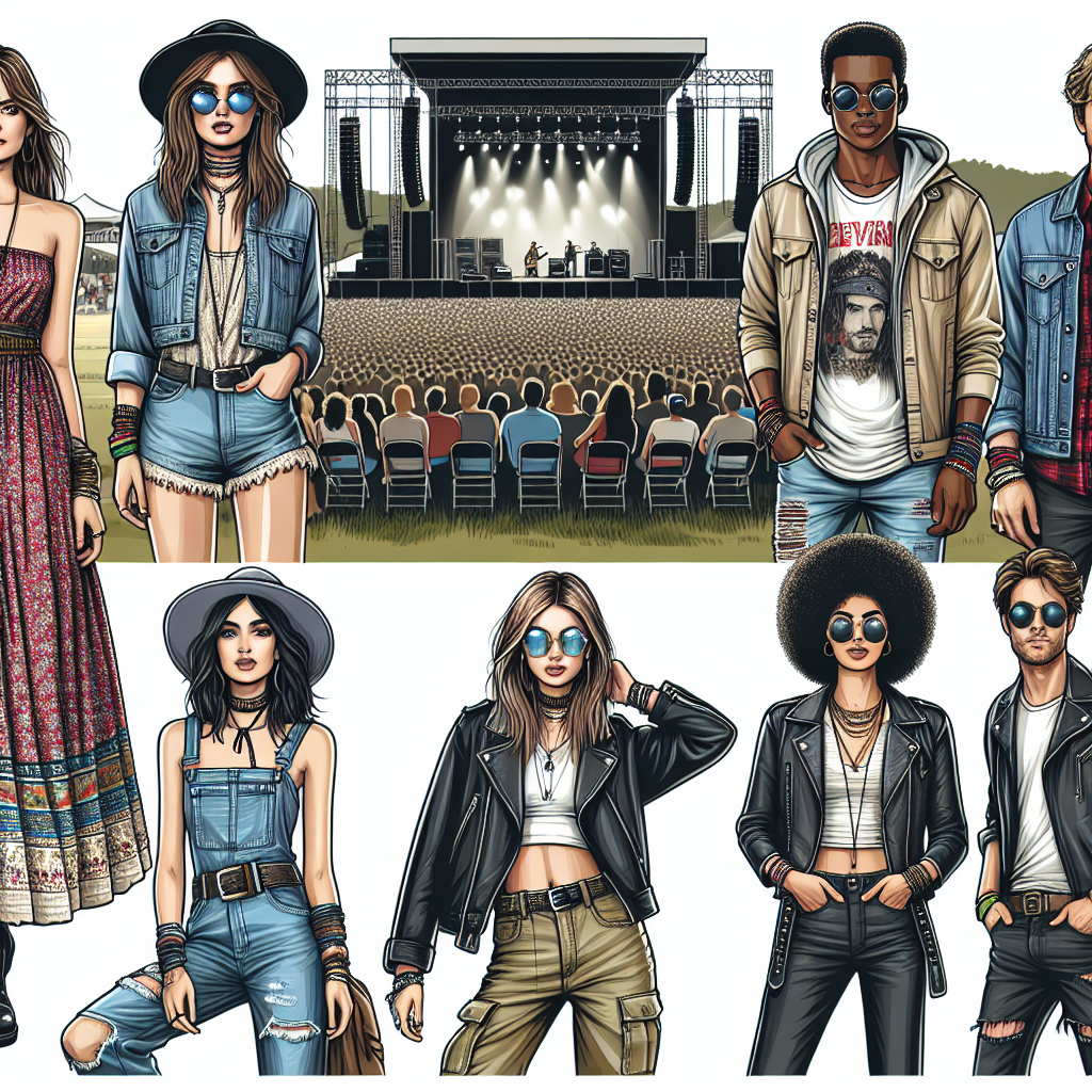 Generate an image showcasing a variety of stylish yet comfortable outfits perfect for outside concerts. Include a Caucasian woman in a boho chic maxi dress, a black man in cool casual wear with a denim jacket and khaki pants, a South Asian woman in a rock-inspired look with a band t-shirt and ripped jeans, and a Middle-Eastern man in a trendy outfit with a leather jacket and black jeans. Vector design with all the characters standing in an open-air music festival setting, complete with stage and lighting in the background