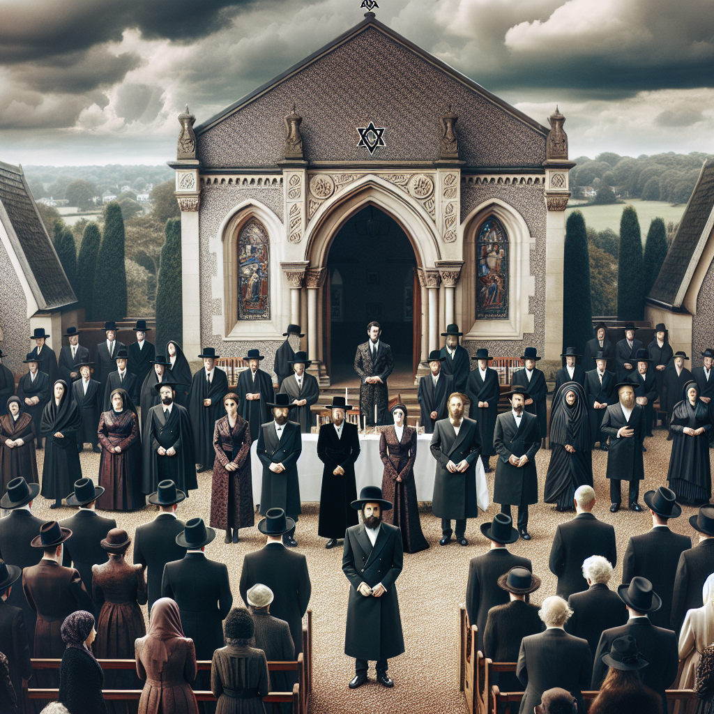 Jewish Funeral Attire: Elegant & Respectful Guide Create an image counterpart for an article covering Jewish funeral attire. This image should include a group of mourners standing in front of a synagogue, subtly underlining the solemn occasion. The group should consist of individuals of varied descs, age ranges, and genders, showcasing the inclusive nature of these ceremonies. Each person should be adorned in traditionally respectful, elegant attire, which usually consists of dark, modest garments without ostentatious accessories. Include an appropriate landscape suggesting a peaceful atmosphere, under a cloudy, yet peaceful, sky.