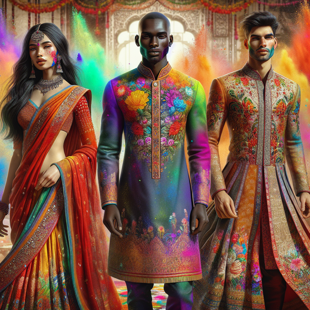 Stunning Outfits for Holi Festival: Effortlessly Chic A rendering of three individuals wearing stunning, traditional Indian attire for the Holi Festival. The first individual, a South Asian woman, confidently dons a vibrant saree with rich, ornate patterns. The second, a Black man, is garbed in a stylish, brightly hued kurta with intricate embroidery. Finally, a Middle-Eastern non-binary person appears in a captivating lehenga, its colors resonating with the joyous spirit of the festival. All around them, the air is filled with colorful powders, creating a breathtakingly vivid tableau that embodies the energetic essence of Holi.