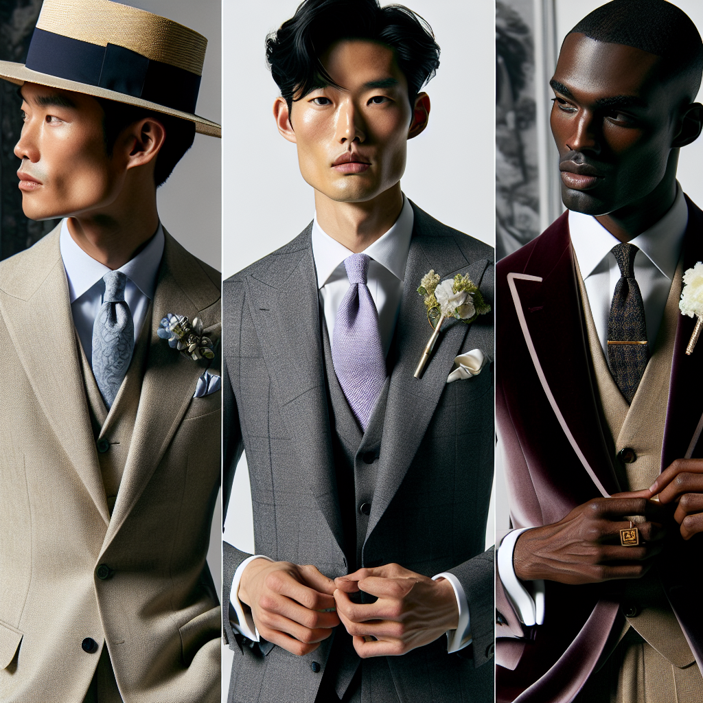 Men's Wedding Style: Discover Stunning, Effortless Looks A fashion-forward scene showcasing different styles of men's wedding attire, with a focus on effortless elegance. In the center, an East Asian man is clad in a tailored grey suit with a lavender tie, holding a boutonniere. On the left, a White gentleman in a retro-inspired tan suit, complete with a Panama hat and a handkerchief peeping out of his pocket. On the right, a Black man showcasing a high-fashion look with a burgundy velvet blazer and black trousers. Each look inspiring men to discover stunning, effortless styles for their big day.