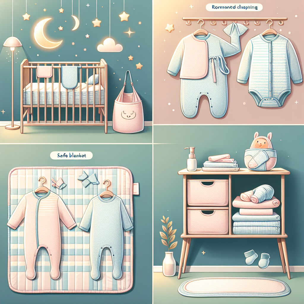 What Does a Baby Wear to Sleep: Effortless Guide Create an image showcasing a baby's nighttime routine for sleep. Depict a softly lit room with calming colors. In the room, include a small crib adorned with safe bedding free from accessories. Next to it, display a table with a selection of recommended sleepwear items for babies: a sleepsack, a wearable blanket, a bodysuit, and footed pajamas. All these items should be in soothing pastel tones. Also portray a changing mat to emphasize the changing process before bedtime. The overall vibe of the picture should convey safety, warmth, and comfort - an effortless guide for every parent.