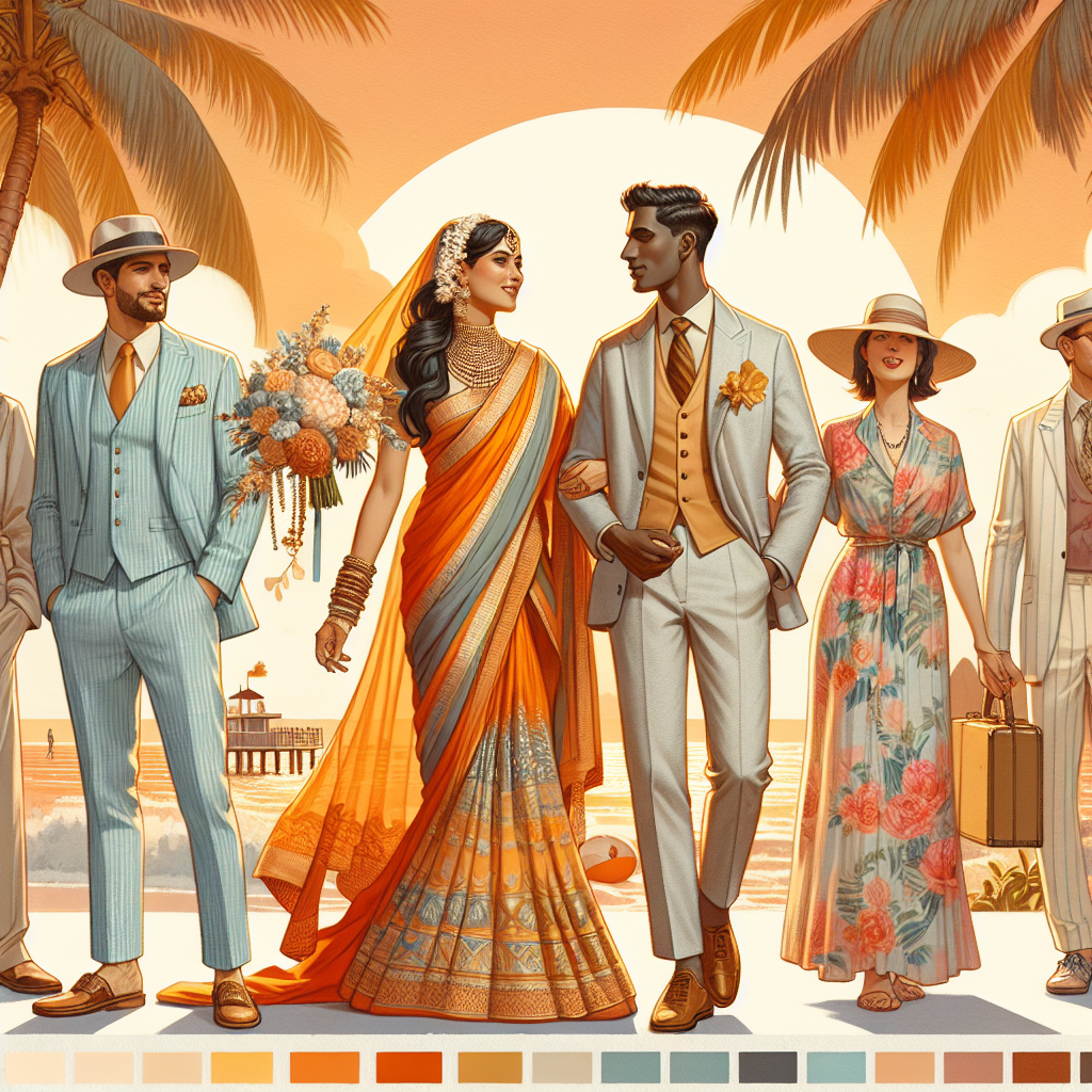 Stunning Florida Wedding Styles: What to Wear Visualize a Florida wedding scene capturing various styles of attire. Picture a South Asian bride in a vibrant orange and gold saree, standing next to a Black groom, elegantly clad in a pastel linen suit. Interpret the Florida backdrop with palm trees and beach setting under a golden sunset. A Middle-Eastern woman in a summer floral dress catching the bouquet and a Hispanic man, with a fedora hat, standing to one side in a stylish seersucker suit as a part of the crowd. The scene radiates warmth and joy, with a palette inspired by Florida's vibrant life.