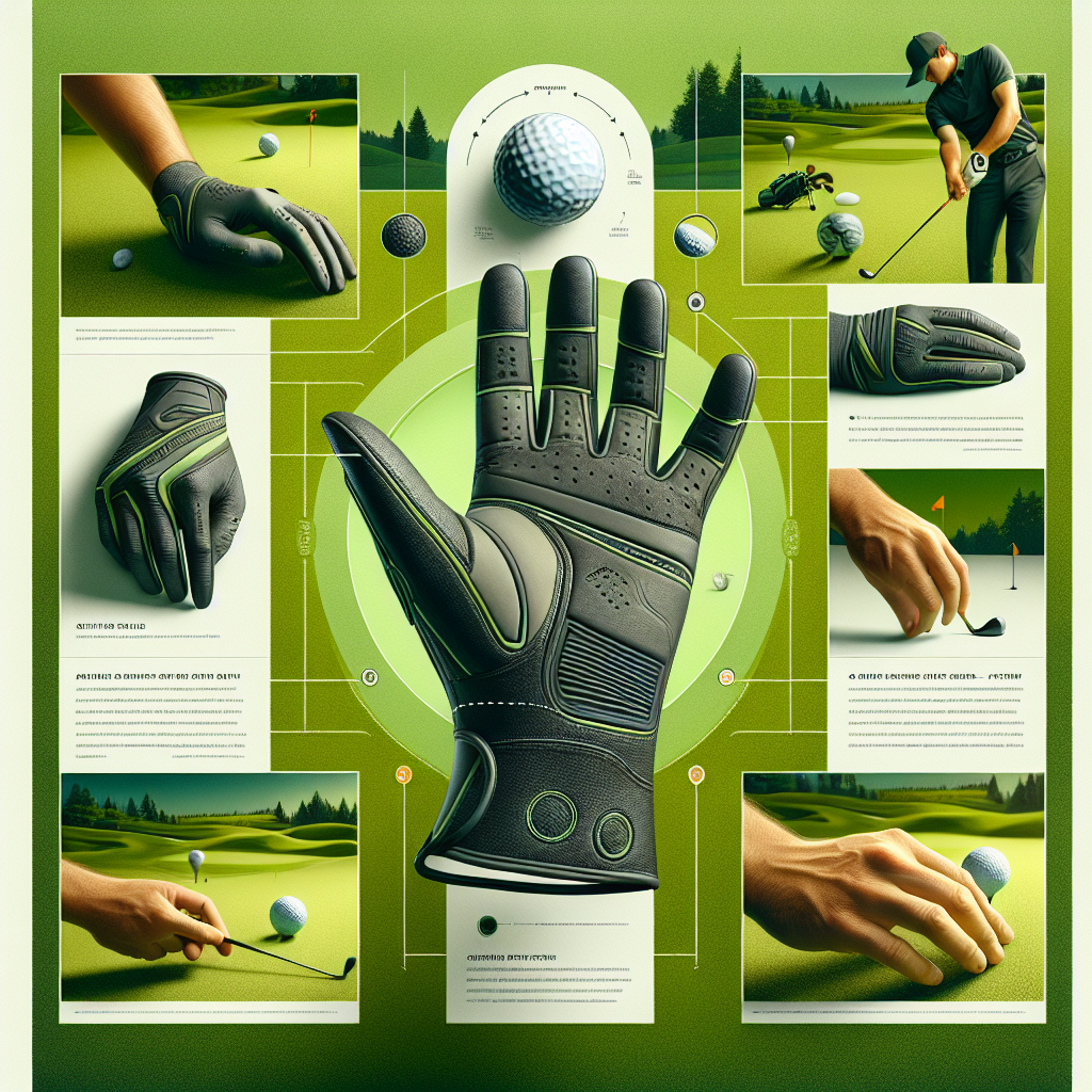 Stunning Golf Glove Guide: Best Hand Tips An educational guide focusing on a high-quality golf glove, capturing its stunning features from various angles. Display the golf glove against the backdrop of a lime green golf course: stitching details, grip patterns, and the interplay of shadow and light on its texture. To illustrate the glove's performance, include a hand demonstrating optimal swing posture. The hand should be of a Black male golfer. Provide an inset of a close-up view of the glove's tip, emphasizing finger flexibility and comfort. Small text bubbles highlight the glove's unique features and fitting tips.