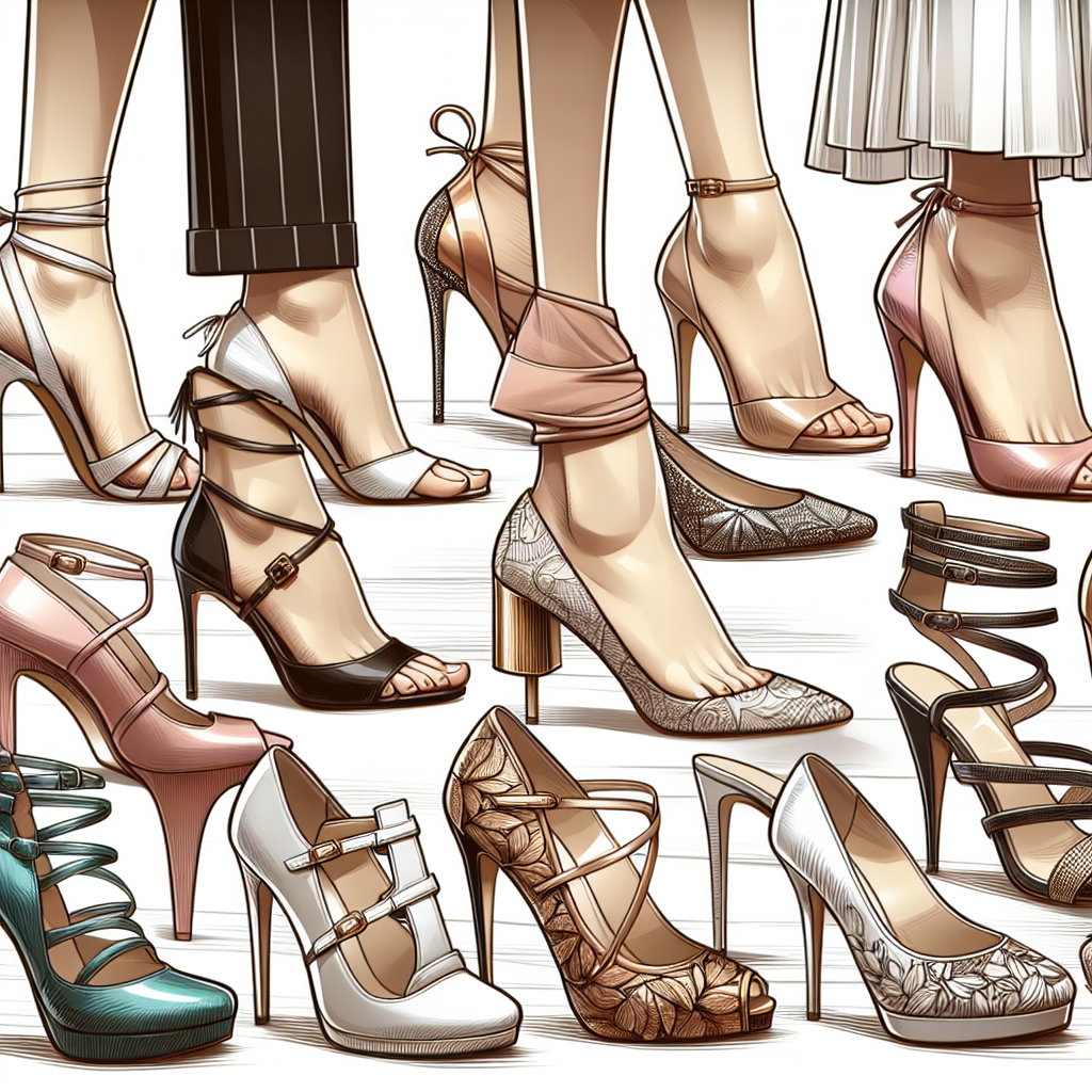 Effortless Guide: Best Heels for Your White Dress A detailed guide covering an elegantly designed collection of high heels that are best suited for a white dress. The collection should demonstrate diverse styles like classic stilettos, comfortable wedges, chic platforms, and dainty kitten heels. Convey each pair of shoes in unique wearable art, varying in details like material, heel height, and design features like straps, embellishments, or unique cut-outs. The heels should include colors that complement a white dress, such as black, nude, metallic tones, and brighter hues like red or blue.