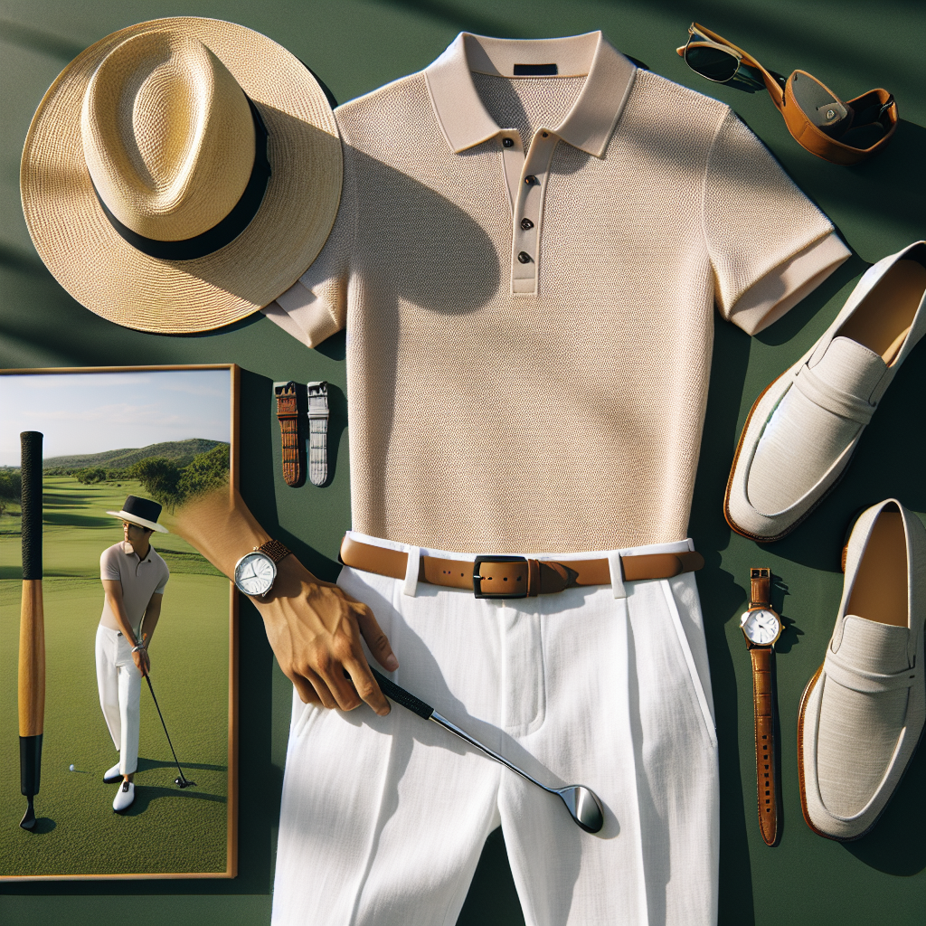 Create an image that showcases a fashionable outfit perfect for a country club setting. The outfit should include a lightweight, pastel-colored polo shirt, paired with crisp white linen pants. To accessorize, also include a straw Panama hat, a pair of classic leather loafers, and a timeless wristwatch. The person showcasing the outfit should be an East Asian male enjoying a round of golf in the sunny, greenscape of the country club.