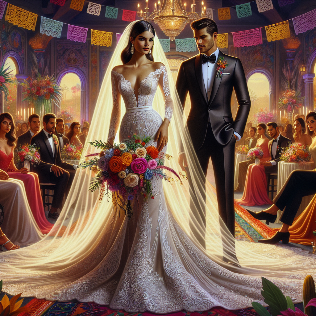 Must-Have Styles for Mexican Weddings: Effortless Elegance The scene of a traditional Mexican wedding. At the center, a bride radiating elegance in a lace-trimmed, white A-line wedding dress, with a long, flowing veil. She is of Hispanic descent and holds a bouquet of brightly colored flowers, representing the vibrant culture. On her side, a groom of Hispanic descent dressed in a slick, charcoal-black suit, his boutonniere made of the same flowers as the bride's bouquet. The background is filled with guests, an equal mix of genders and different descents, all dressed in brightly colored, stylish attire. Decorations around the venue reflect a blend of modernity and traditional Mexican motifs.