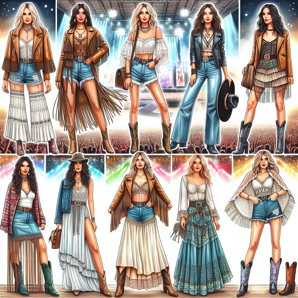 Stunning Outfits for Kelsea Ballerini Concert: Effortless Style Visual depiction of an article about effervescent and stunning outfits for a concert by a famous female country music artist. It showcases a variety of style inspirations including boho-chic, glam rock, and casual country. The main focus is on different clothing pieces such as fringed leather jackets, flowy maxi skirts, high-waisted denim shorts, cowboy boots, and decorative accessories. All set against the backdrop of a spectacular concert stage with bright lights. Various women of different descents such as Caucasian, Hispanic, Black, Middle-Eastern, South Asian are seen donning these outfits, exuding effortless style and charisma.