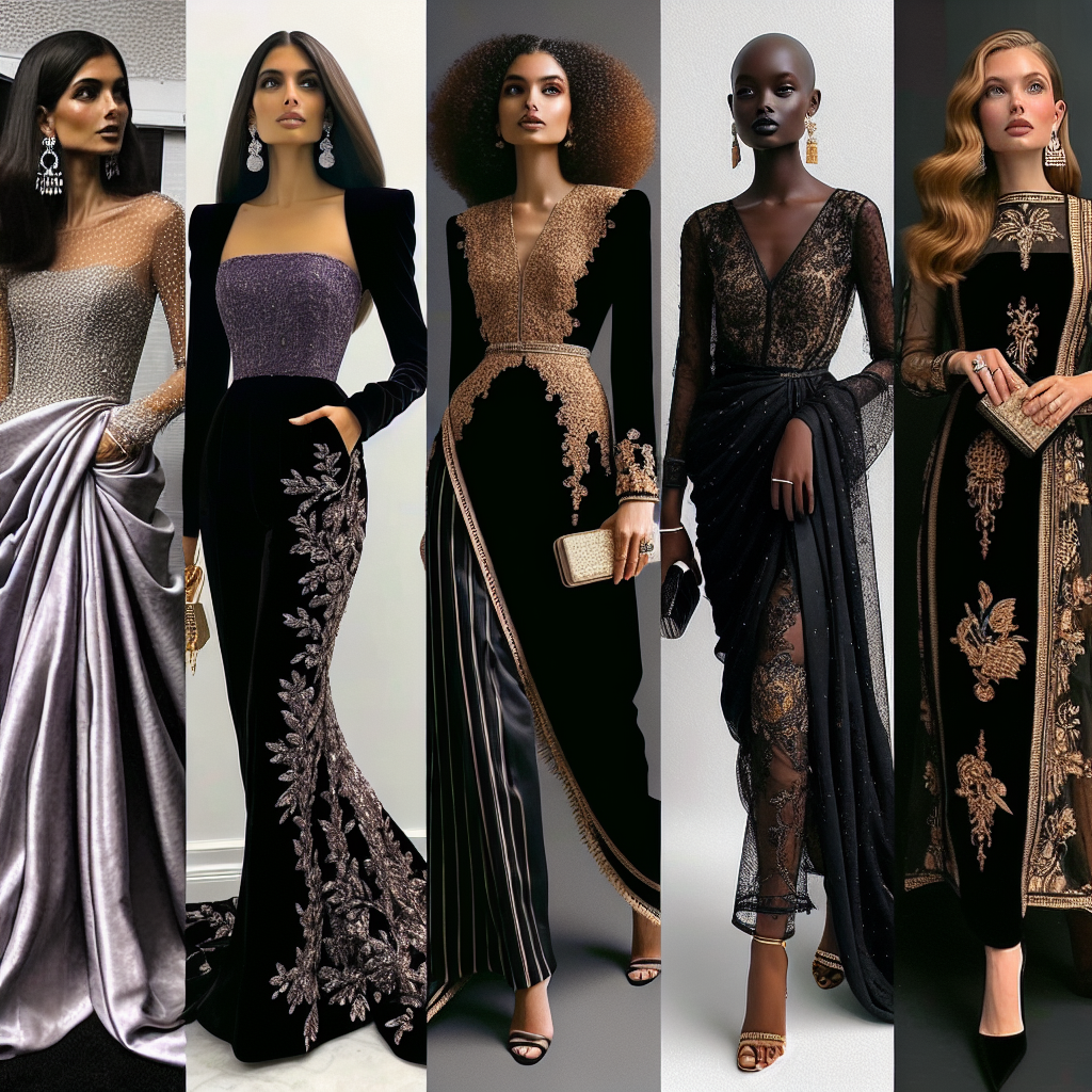 Stunning Black Tie Event Outfits for Every Woman A compilation of incredible black tie event outfit inspirations for women of all descents and body types. To the left, a Hispanic woman in a beautifully draped silhouette gown. To the right, a Black woman fashioned in a sleek velvet jumpsuit. In the middle, a South Asian woman showcases an elegant saree with embroidery. At the far right, a Caucasian woman in a lace bodycon dress. Finally, a Middle-Eastern woman adorning a modern interpretation of an abaya. Each outfit is complemented by high-quality jewelry and stylish footwear, indicating the grandeur of a black tie event.