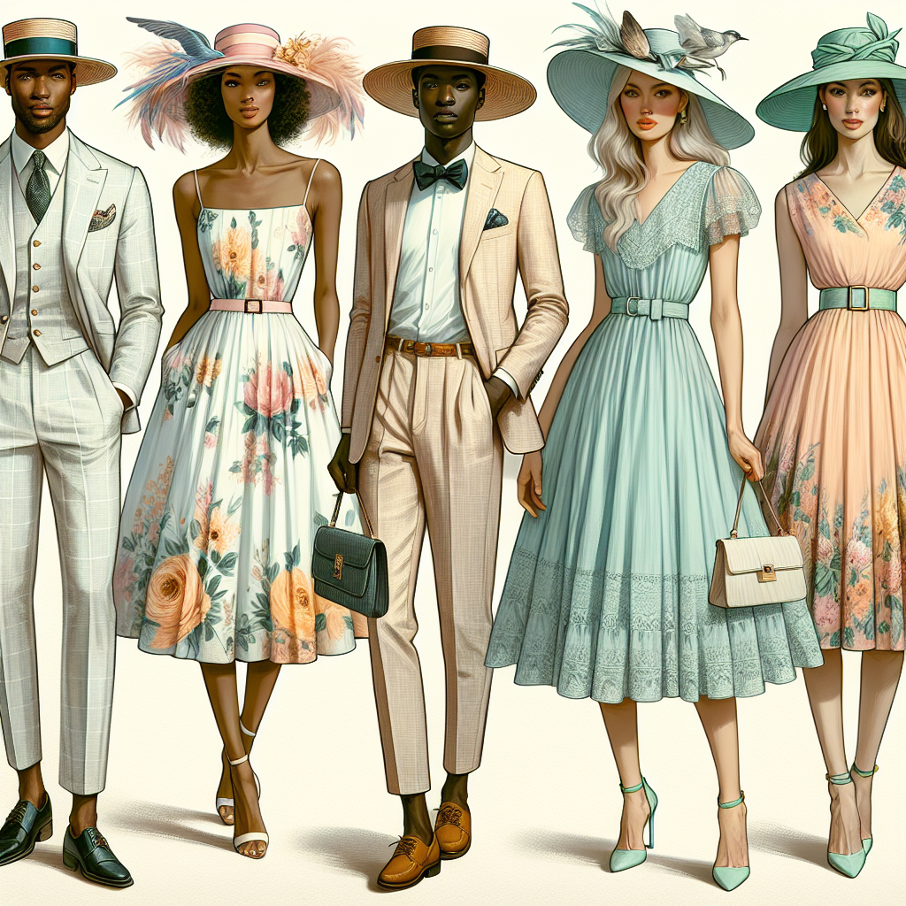 Must-Have Outfits for Kentucky Derby Day – Effortless Style An assortment of classy outfits suitable for the Kentucky Derby Day. The image should include a Black man sporting a pastel linen suit, white shirt, and a bold bow tie, paired with a straw boat hat. Besides him, a South Asian woman should be wearing a vibrantly coloured sundress, a broad-brimmed hat covered in pastel feather accents, and wearing a pair of strappy nude heels. Also include a Caucasian woman in a floral midi dress with a waisted belt, a matching fascinator, and a pair of mint green pumps. These ensembles represent timeless style with an effortless charm for a day at the races.
