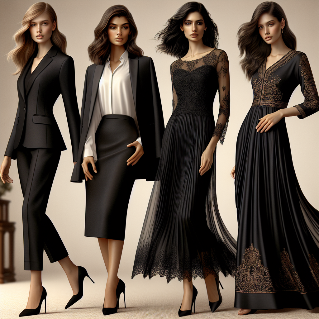 Envision a collection of classic, effortless, and elegant funeral outfits designed for women. One outfit is a sleek black suit, paired with a sophisticated white blouse worn by a Caucasian woman. The second outfit depicts a Hispanic woman in a chic black midi dress with delicate lace detailing. The third outfit features a Black woman in a dignified, flowing black silk gown. Finally, imagine a South Asian woman in a stylish black saree with intricate gold embroidery, showcasing an exemplary combination of tradition and modernity. All four stand against a soft, neutral background, radiating grace and solemnity in their suitable attire.