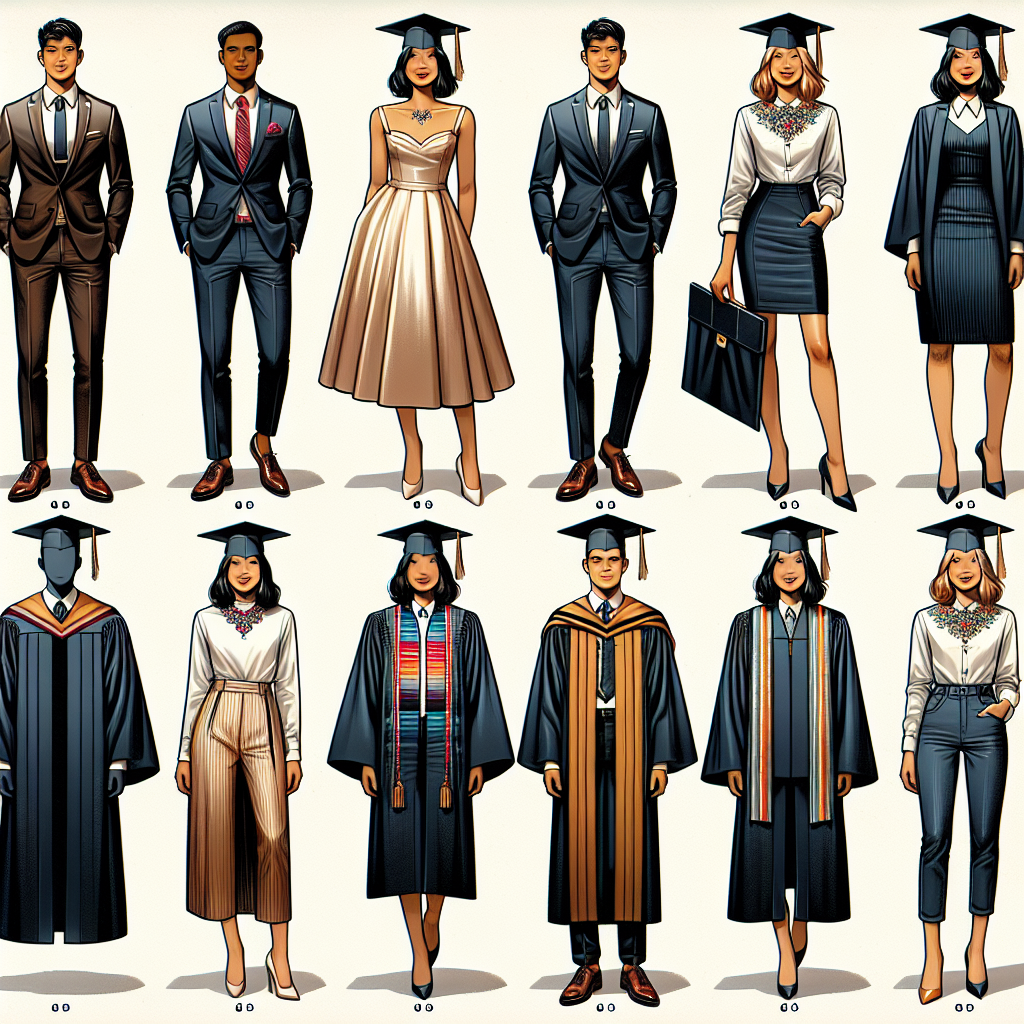A comprehensive visual guide for graduation outfits. The guide showcases a diversity of options suited for various tastes and styles. For instance, one section presents a young man of Hispanic descent, smartly dressed in a crisp, dark suit, a crisp white shirt, and a vibrant, striped necktie, topped off with a graduation cap. Another section focuses on a South Asian woman in a sleek, knee-length dress with a jeweled neckline, complemented with a graduating gown and cap. The final section has a Caucasian woman, showcasing a structured blazer and tailored trousers, adeptly paired with a traditional graduation gown and cap.