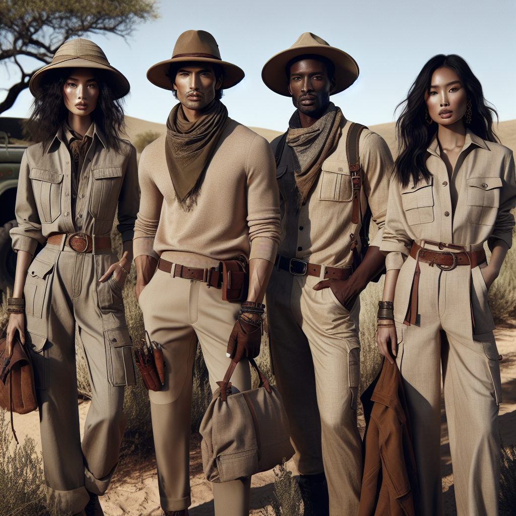 Stunning Safari Styles: Effortlessly Chic & Wild An image showcasing the exquisite elegance of safari styles. Focus on a group of four individuals each of a different gender and descent: a Middle-Eastern man, a Black woman, a South Asian man and a Latinx woman. They are all dressed in stylish safari outfits. Ensemble features practical yet chic khakis, muted earth tones, neutral palette, crisp linens, and functional durable materials such as denim and leather. Accents include wide-brimmed hats, belts, scarves, and boots. The atmosphere is adventurous, with an untouched wilderness in the backdrop, under a bright and clear sky.