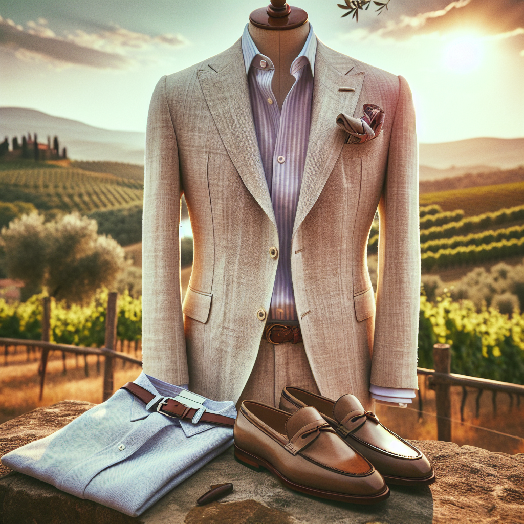 A stylish ensemble suitable for a man attending a wedding in Tuscany, Italy, in the month of May. Capture the elegance and flair of Italian fashion with a light-coloured linen suit, paired with a pastel dress shirt. The suit should have matching trousers and a blazer. Complete the look with a tasteful pocket square, brown leather loafers, and a woven leather belt. Let the background suggest the setting: a scenic Tuscan landscape characterized by rolling hills, olive groves, and vineyards under a bright, springtime sun.