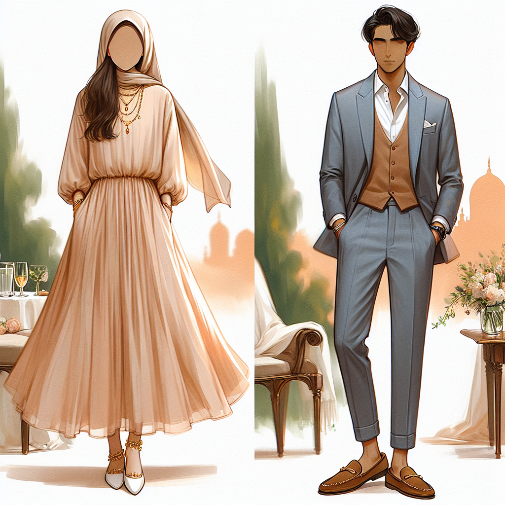 Best Outfits for Casual Weddings: Effortless Styles Depict a chic and comfortable outfit appropriate for a casual wedding. The first ensemble is displayed on a South Asian woman, featuring a flowy midi dress. The dress shines in a shade of light peach, matched by delicate gold accessories and elegant flat shoes. The second assembly portrays a Middle-Eastern man in a stylishly relaxed suit in light navy teamed with a crisp white shirt, no tie, and brown leather loafers. These figures stand out sympathetically against a spring wedding backdrop, symbolizing effortless and inclusive style.