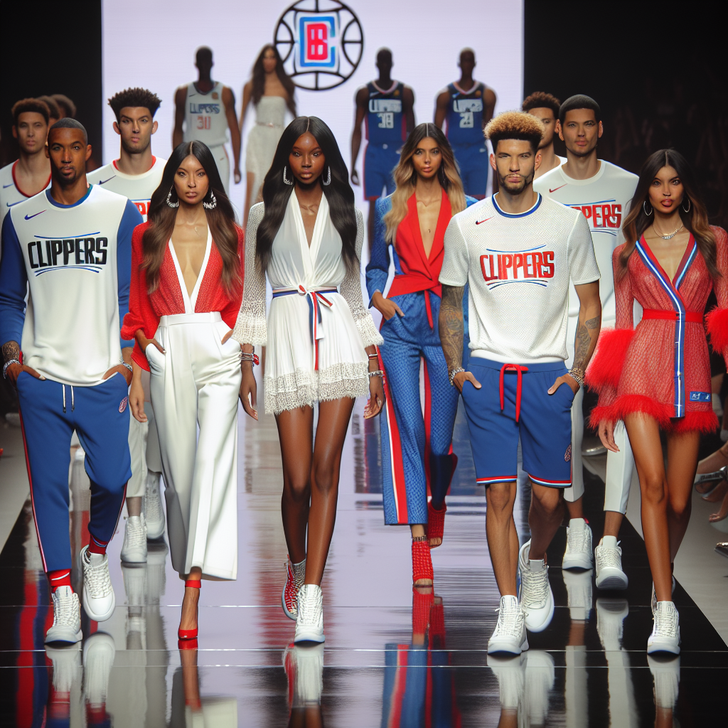 A fashion show featuring a variety of stunning outfits designed specifically for basketball games. The collection includes elegant dresses, stylish suits, and casual wear all tastefully decorated in red, blue, and white themes. Models of various descents including Hispanic, African, Middle Eastern, and Caucasian women, as well as men, walk down the runway showcasing the team spirit. The clothes effectively accentuate the vibrant energy associated with Clippers basketball matches while also remaining comfortable and fashionable.