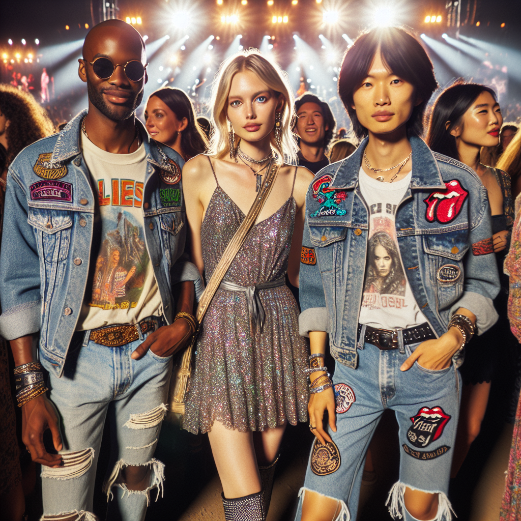 A crowd of stylishly dressed concert-goers at a popular musical event, illuminated under bright stage lights. In the foreground, a group of three friends: an African American man sporting a vintage band t-shirt and ripped jeans, a Caucasian woman in a chic glittery dress paired with ankle boots, and a South Asian woman rocking a denim jacket adorned with tasteful band-themed patches. Music-themed accessories, lively colors, and casual yet chic clothing create an atmosphere of effervescent excitement.