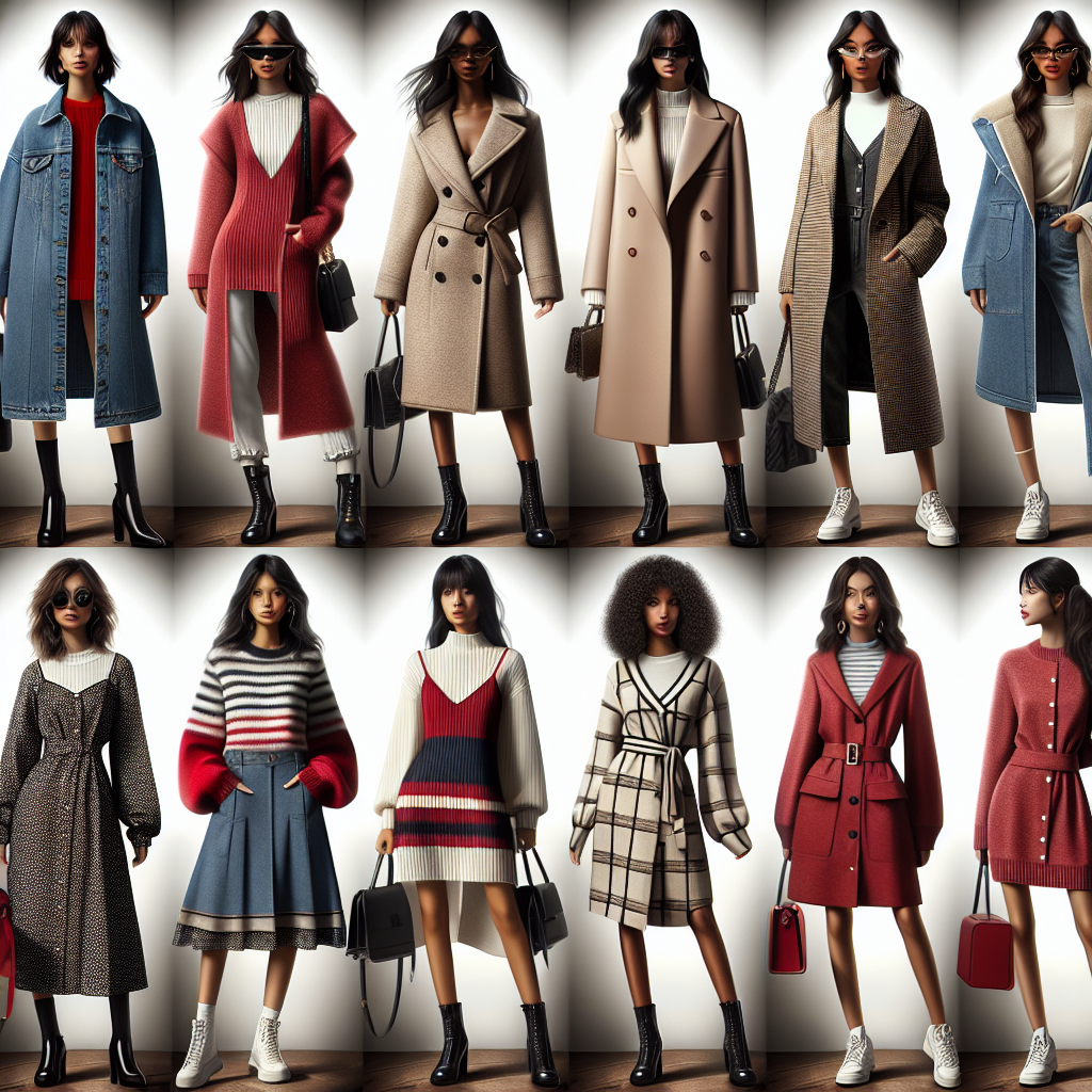 A fashion collage composed of high-end, stylish coats paired perfectly with jumper dresses. Display a line-up of chic outfits featuring these items and varying in color and design. The coats range from casual denim jackets to elegant tailored coats while the dresses range from simple solid colors to patterned designs. Showcase a black woman in a denim coat paired with a red jumper dress, a white woman in a tailored taupe coat and a polka-dot jumper dress, and an Asian woman in a cherry red coat matched with a striped jumper dress. Ensure the clothing pieces interact seamlessly to create exciting, fashionable looks.