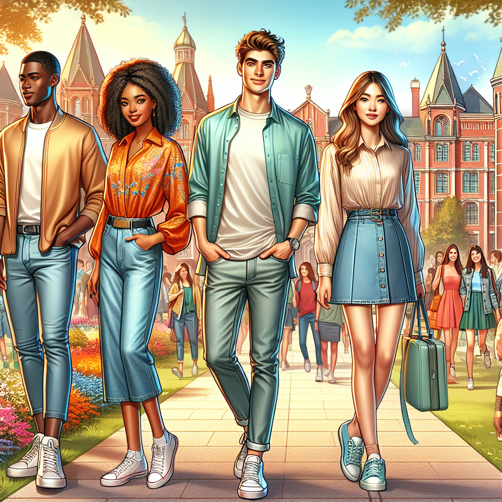What to Wear to a University Open Day: Must-See Styles Imagine an array of vibrant, stylish, yet comfortable outfits suitable for a university open day. Include a physically fit Caucasian male dressed in a semi-casual ensemble of a shirt, jeans, and white sneakers, an African female in a trendy blouse paired with a denim skirt, and an Asian woman in a soft-colored dress, light jacket and comfortable flats. In the background, there's a bustling campus scene, filled with students and colorful university buildings bathed in pleasant daylight. This picture should emphasize warmth, camaraderie, and the excitement of exploring a new academic environment.