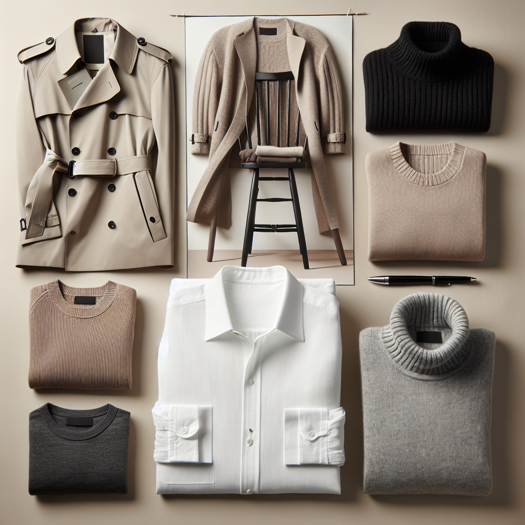 Must-Have Layers for Under Your Trench Coat Imagine a fashion-focused layout showcasing essential layers for under a trench coat: a white cotton button-down shirt worn by a South Asian man; a cozy taupe cashmere sweater draped over a chair, suggesting it belongs to a Hispanic woman; a black thermal undershirt worn by a Middle-Eastern woman; a grey merino wool turtleneck worn by a Caucasian man. All items are tastefully arranged according to their importance in layering. The trench coat itself, a classic beige color, is staged in the background, slightly out of focus to highlight the layers underneath.