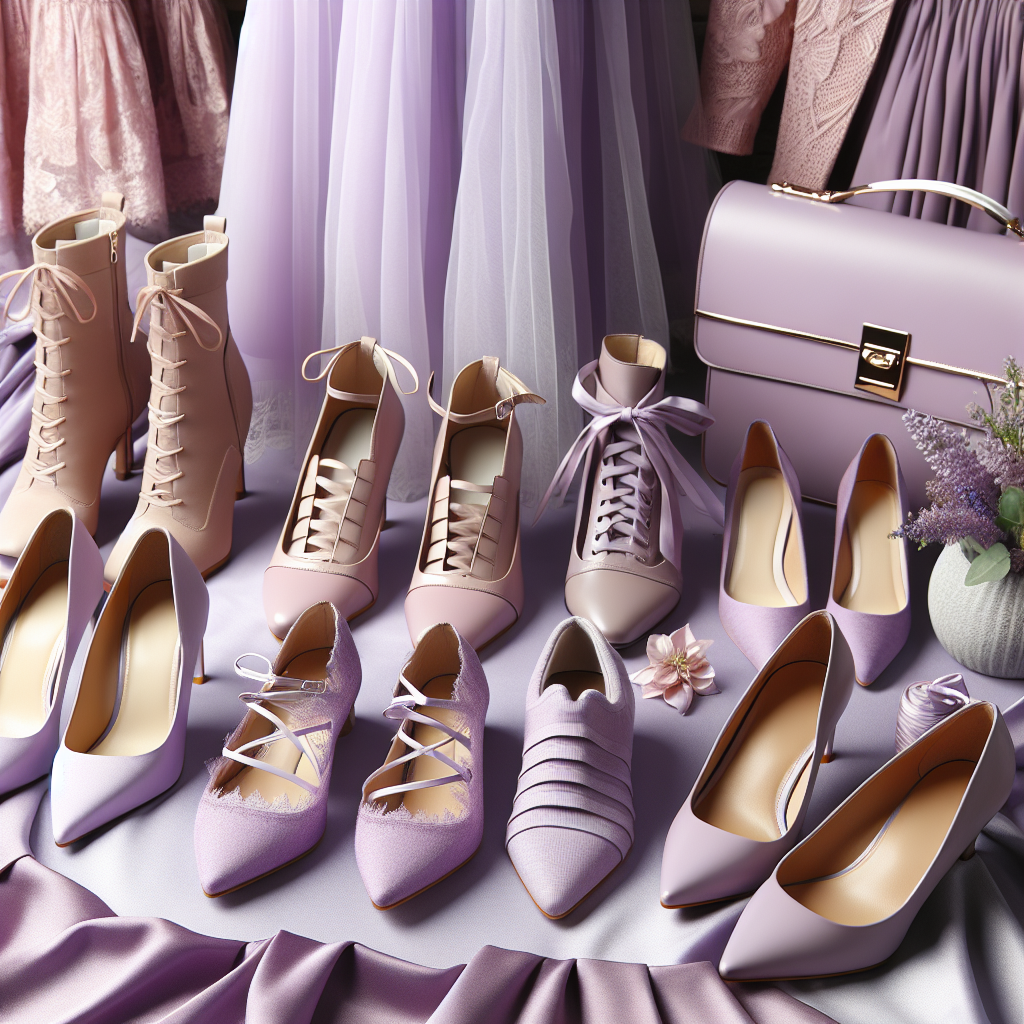 Must-Have Shoes for Lavender Dresses: Effortless Style Display an assortment of fashionable shoes that pair well with lavender dresses. The shoes should include a variety of styles like stilettos, ballet flats, and boots, all tastefully designed to complement the color and style of lavender dresses. Include a lavender dress in the background for context. The overall setting should evoke the sense of effortless style and fashion versatile enough for any occasion. Keep the emphasis on the harmony of the colors, and the elegance and simplicity of the combinations presented.