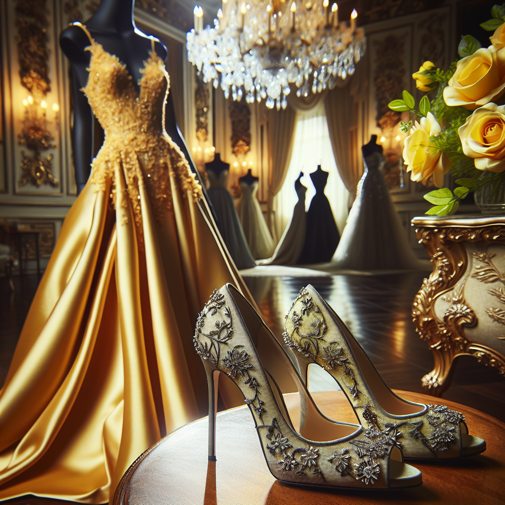 Imagine a beautiful, high-fashion scene showcasing elegant, sophisticated style. The focus is on a pair of stunning, high-heeled shoes with intricate embroidery and sparkling embellishments. Accompanying the shoes is a canary yellow evening gown, made of silk, draped perfectly on a mannequin. The gown is classy and charming with a hint of youthful appeal. The background is set for a black-tie event: the smooth, polished wooden floor, a grand chandelier with shimmering crystals hanging from the ceiling, and well-dressed guests in the distant background, blurred to draw attention to the main subjects, engaging in soft, articulate conversation. A bouquet of yellow roses is also tastefully arranged in the corner.