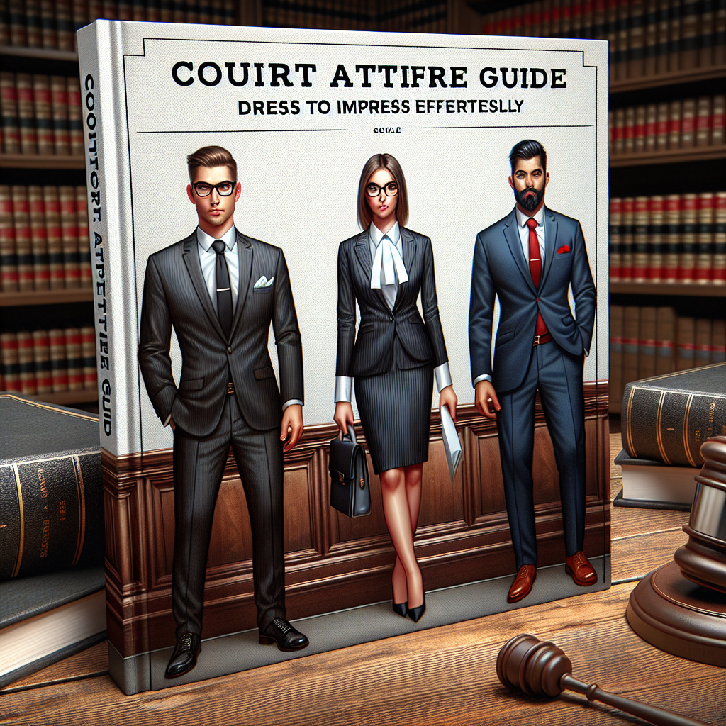 Court Attire Guide: Dress to Impress Effortlessly An imagined guidebook featuring the full spectrum of court attire. On the left side of the cover, visualize a Caucasian female attorney in a professional black suit, white blouse and court shoes. She should also be wearing black-rimmed glasses and holding a law book. On the right side of the cover, render a South Asian male attorney with a well-trimmed beard, wearing a navy blue suit, light blue shirt, and red tie. He also should be holding a gavel. In the foreground, display large text reading 'Court Attire Guide: Dress to Impress Effortlessly'. The backdrop should be the darkened interior of a grand courtroom.