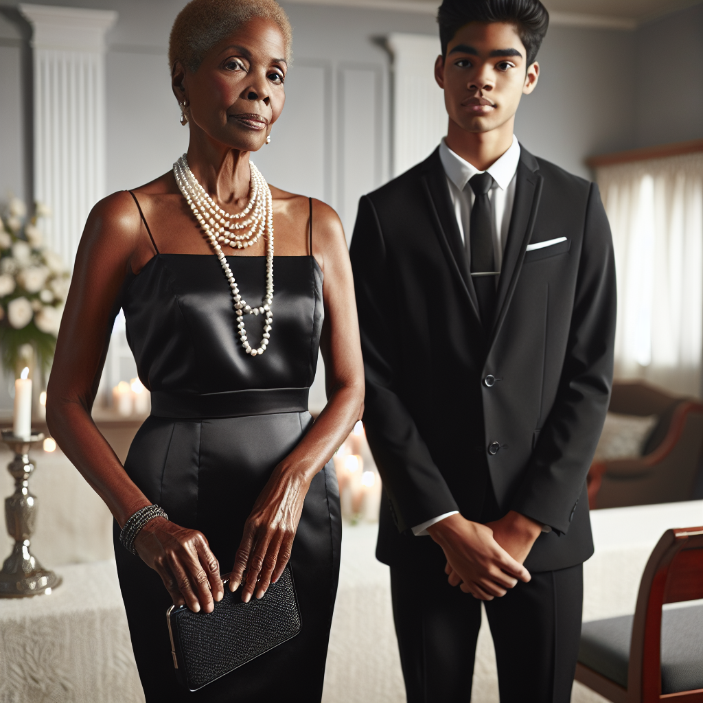 An image symbolizing the theme of respectful and elegant memorial service attire. Picture a middle-aged Black woman dressed in a sleek, black silk dress with a string of pearls around her neck, holding a black clutch purse. Beside her is a young South Asian man in a tailored black suit with a white shirt, black tie, and polished dress shoes. They are standing together in a tastefully decorated room indicating a memorial service, with soft ambient light illuminating them. Put emphasis on the importance of elegance, respect, and appropriateness in choosing what to wear for such solemn occasions.