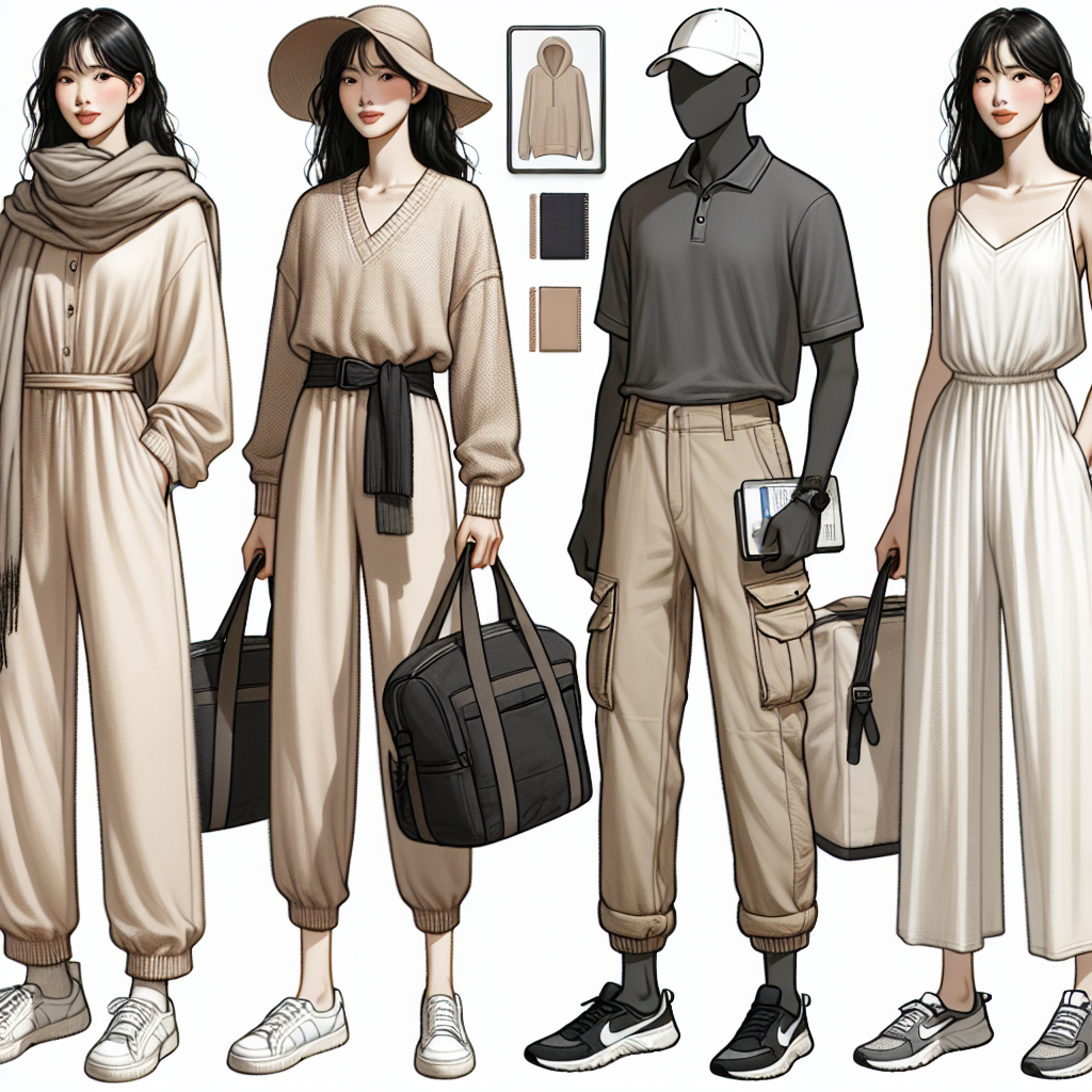 Visualize a selection of stunning and comfortable outfits designed for long flights. The first outfit can be a soft, casual jumpsuit worn by an Asian woman, accessorized with a neutral-toned scarf and comfortable slip-on shoes. The second outfit shows a Black man in cozy cargo pants and a lightweight polo shirt, complemented with a sporty cap and sneakers. Lastly, imagine a Middle-Eastern woman clothed in a relaxed maxi dress paired with a light cardigan and ballet flats, holding a good-sized, stylish tote bag.