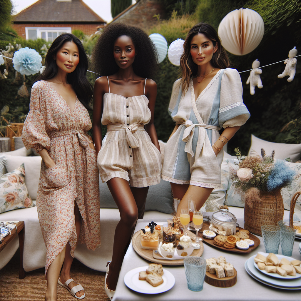 What to Wear to a Baby Shower: Stunning, Effortless Styles Imagine a casual but elegant gathering, it's a baby shower in a beautifully decorated garden. There's a spread of delicious, aesthetically pleasing refreshments on a table. Portray three women in their mid-thirties, each displaying unique yet effortless styles fit for such an event. The first woman is Asian, she's wearing a lovely floral summer dress paired with delicate flats; an African woman in a chic jumpsuit with warmer tones, accentuated with tasteful jewelry; and a Hispanic woman in a stylish yet comfy linen set. Also, scatter a few baby-themed decorations throughout the scene.